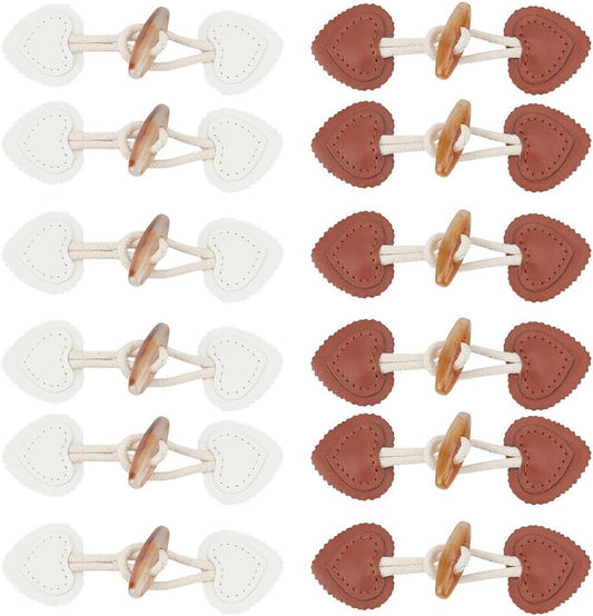 12 pieces - Leather Toggle Buttons - PU leather sew-on fasteners - Horn buttons for trench coats - sew-on fasteners - with resin buttons - leather fastening buttons - toggle buttons - for coats, sweaters, knitwear, jackets, DIY accessories - white, brown