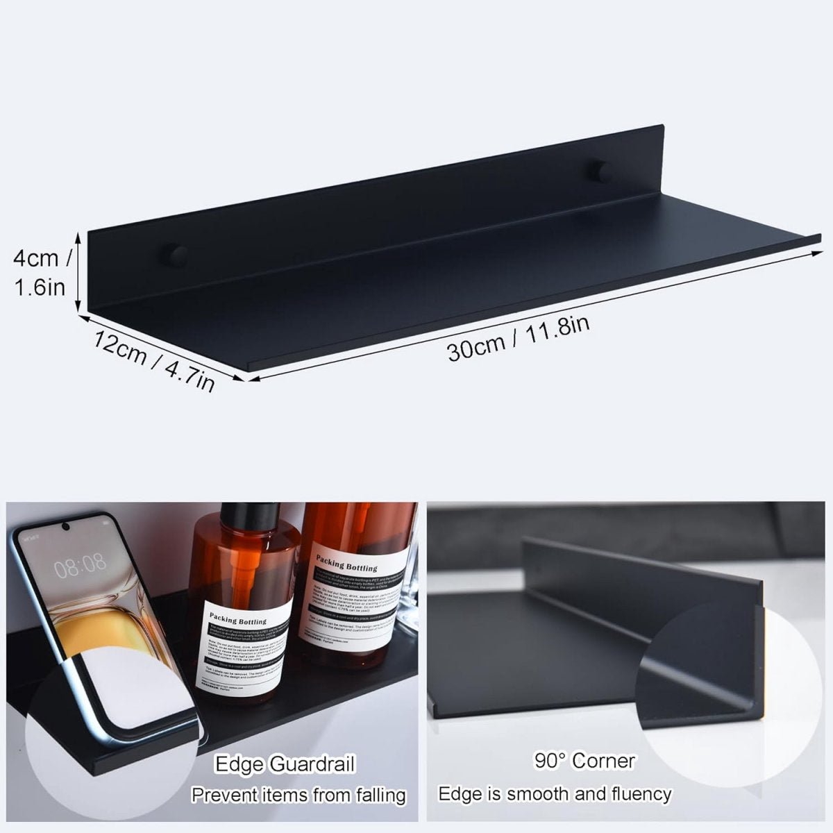 30*12*4 cm - Wall-mounted rack - Bathroom Shelves - Metal shelves - waterproof - small floating metal shelves - wall shelf - for bathroom, living room, bedroom, kitchen - with screws - black