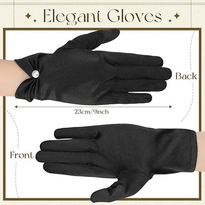 Gloves - Short satin gloves - Pearl glove - Wedding gloves - Satin tea party glove for ladies - Opera gloves - for tea party, tuxedo, dancing, wedding - 22*8 cm - black