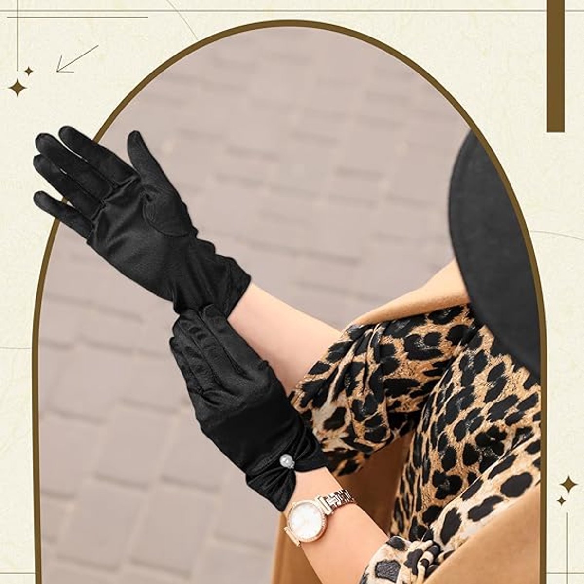 Gloves - Short satin gloves - Pearl glove - Wedding gloves - Satin tea party glove for ladies - Opera gloves - for tea party, tuxedo, dancing, wedding - 22*8 cm - black