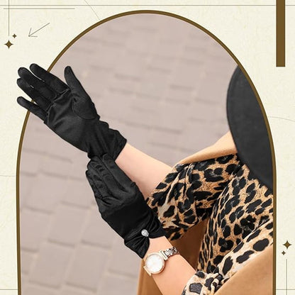 Gloves - Short satin gloves - Pearl glove - Wedding gloves - Satin tea party glove for ladies - Opera gloves - for tea party, tuxedo, dancing, wedding - 22*8 cm - black
