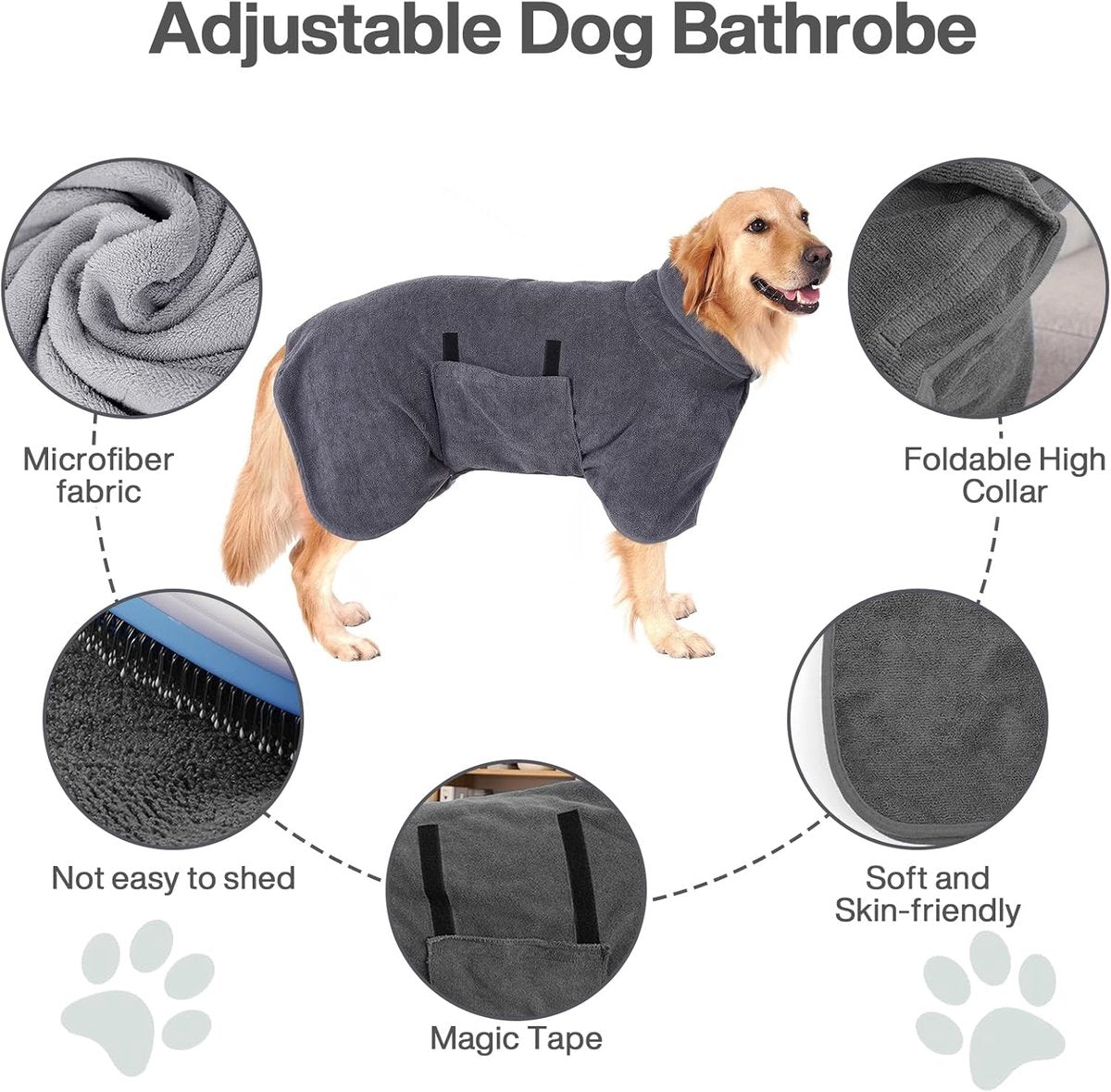 Dog bathrobe - Pet bath towel - Bathrobes for pets - Dog drying coat Bath towel - Dog towel - super absorbent dog towel - with Velcro - adjustable - for large, medium, small dogs - chest circumference 70 cm - grey - S