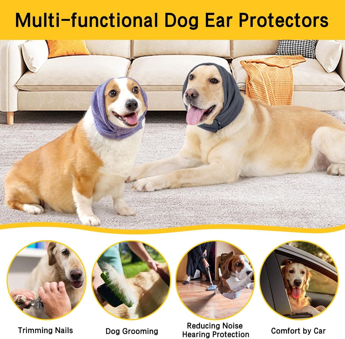 Dog Collar - Ear Muffs for Dogs - Dog Hat - Head Circumference 49-54 cm - Relief from Snoring Anxiety - with Adjustable Velcro Fastening - Noise-Dampening Headwear - 23*16*3 cm - Grey