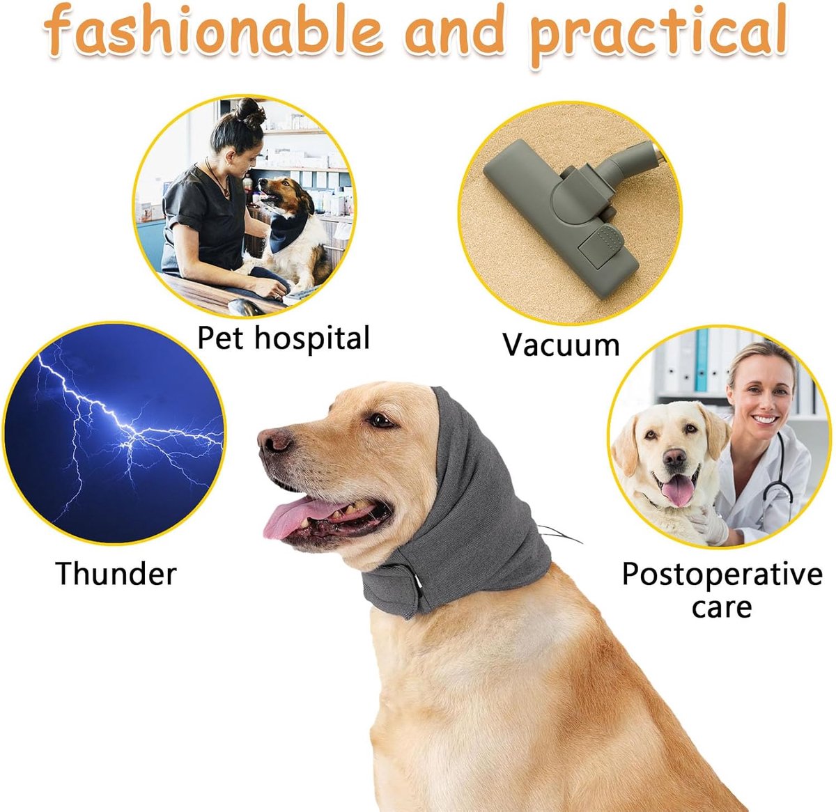 Dog Collar - Ear Muffs for Dogs - Dog Hat - Head Circumference 49-54 cm - Relief from Snoring Anxiety - with Adjustable Velcro Fastening - Noise-Dampening Headwear - 23*16*3 cm - Grey