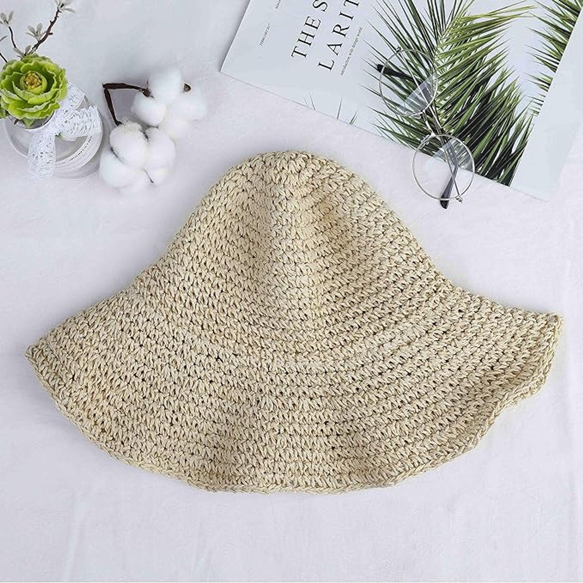 Ladies' straw hat - summer beach foldable sun hat wide brim - ladies' braided sun hat travel decoration vacation - soft and breathable - Summer & Vacation (beige)