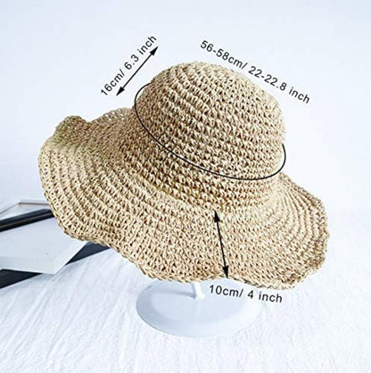 Ladies' straw hat - summer beach foldable sun hat wide brim - ladies' braided sun hat travel decoration vacation - soft and breathable - Summer & Vacation (beige)