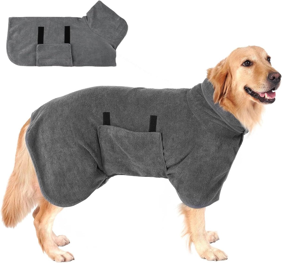 Dog bathrobe - Pet bath towel - Bathrobes for pets - Dog drying coat Bath towel - Dog towel - super absorbent dog towel - with Velcro - adjustable - for large, medium, small dogs - chest circumference 100 cm - grey - L