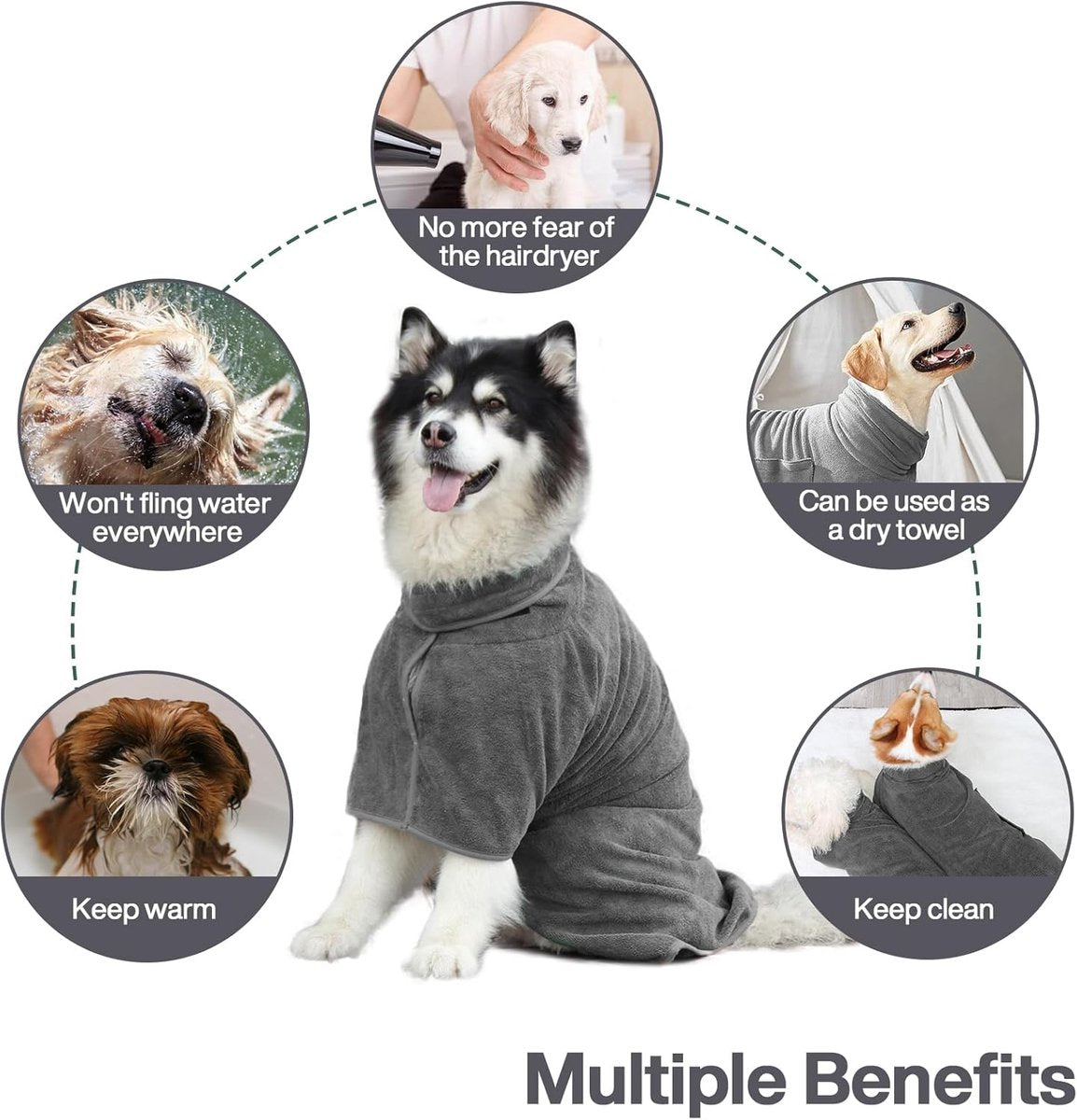 Dog bathrobe - Pet bath towel - Bathrobes for pets - Dog drying coat Bath towel - Dog towel - super absorbent dog towel - with Velcro - adjustable - for large, medium, small dogs - chest circumference 100 cm - grey - L