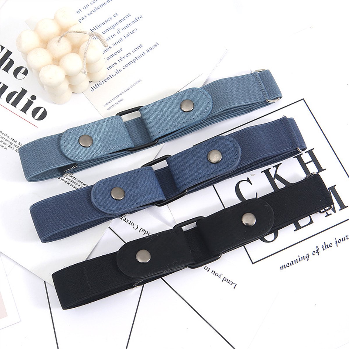 Buckle-Free Belt - 4 Pieces - Elastic Belt Without Buckle - PU - Buckle-Free & Elastic Belt for Women & Men - Buckle-Free Belt - Belt Without Holes - Suitable for Pants and Skirts - 3cm Wide - Black/White/Light Blue/Dark Blue