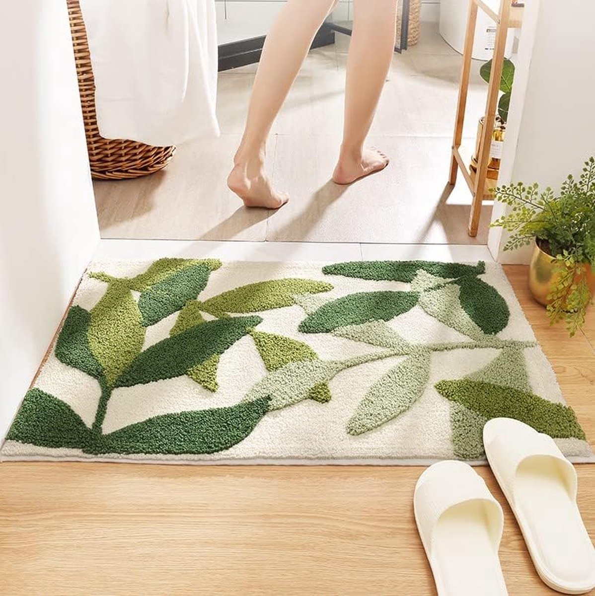 Non-slip bath mat - Non-slip bath mat - 45x65cm - durable water-absorbent bathroom rug - machine washable - soft and comfortable doormat - green leaves - Non-slip - Doormat
