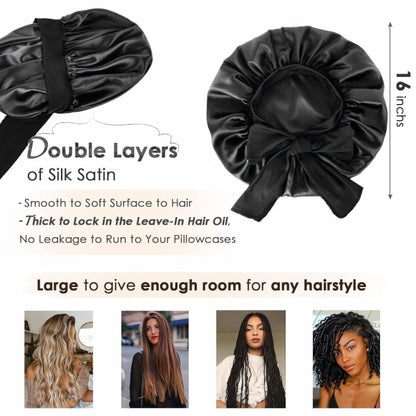 Satin Cap Silk Cap For Sleeping Double Layer Satin Lined Hair Cap With Ribbon Bonnet For Women Naturally Curly Hair Black black