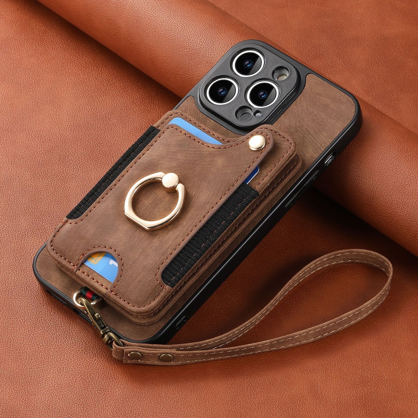 iPhone 11 Compatible Leather Case with RFID Blocking Multi-Functional Card Holder Lanyard Anti-Theft Ring Light Purple