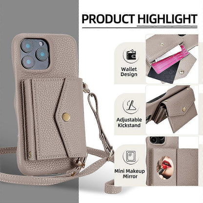 iPhone 14 Pro Case Horizontal Card Pocket Litchi Texture Long Cord Grey
