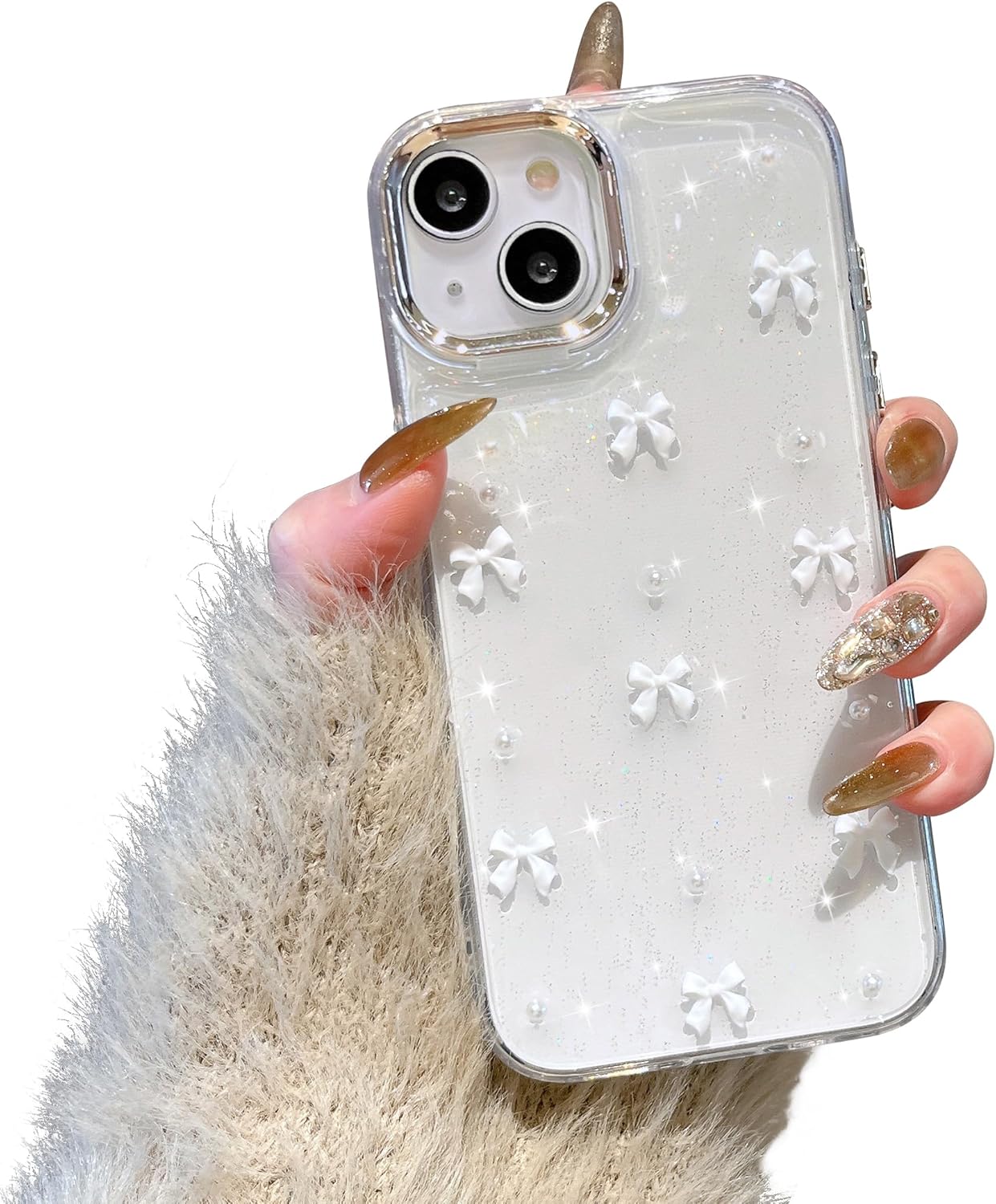 iPhone 15 Plus Case, Bling Glitter 3D Bowknot Protective Cover, Crystal Clear Sparkly White Slim Soft Durable Case Compatible with iPhone 15 Plus