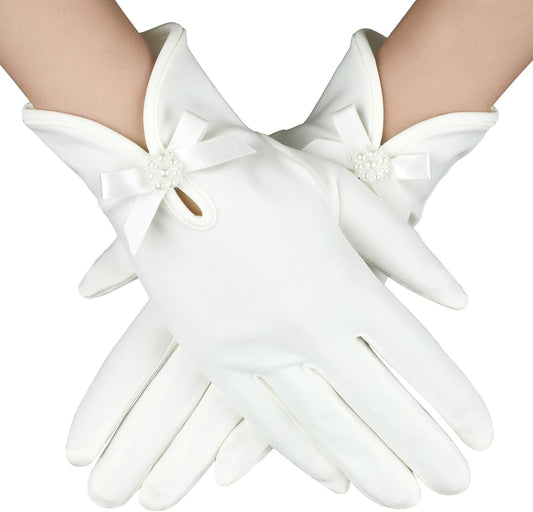 White Gloves Bow Short Satin Gloves Uniform Tuxedo Dress Wedding Bridal Glove 1920s Opera Special Occasion Fashion Accessories