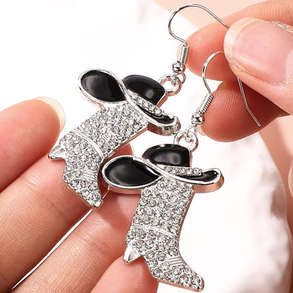 3pcs Western Cowgirl Accessories Set, Rhinestone & Enamel Cowboy Hat & Boots Dangle Earrings and Matching Necklace Country Concert Western Dress-Up Accessory for Women