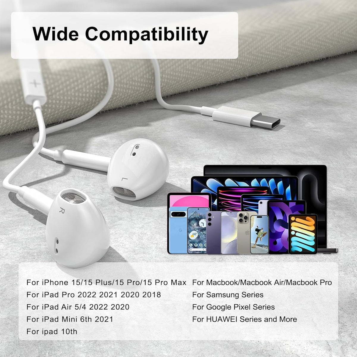 USB C Headphones Wired for iPhone 16/15 Series, for iPad Pro Air 5/4/Mini 6/iPad 10th, Type C Earbuds for MacBook Pro/air, Control Microphone, Volume, Music