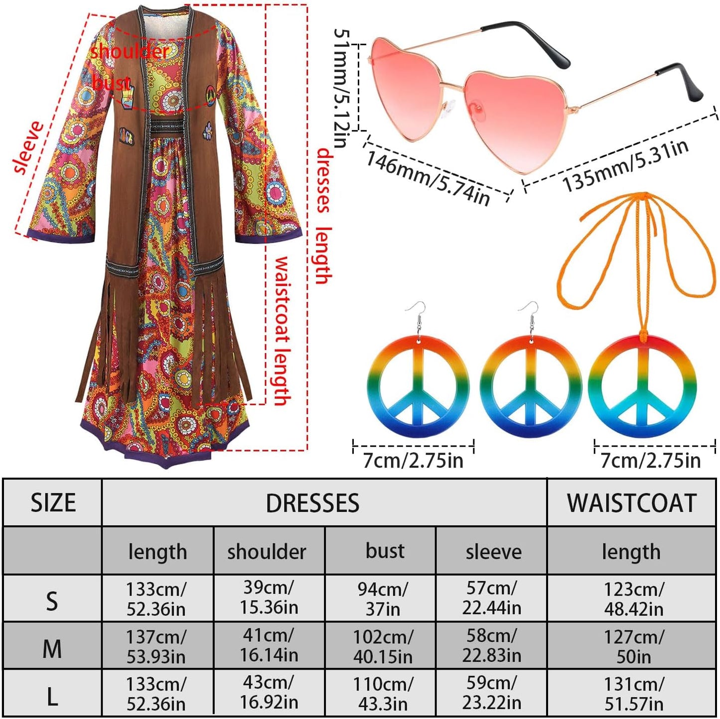 60s costume women, hippie women's dress set, 70s disco halloween outfits, hippie clothing women's costume, 60s clothing accessories L