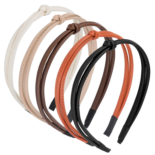 Women's Headband, 5 Pcs Thin Leather Headbands, Knotted Hair Loop Hairband, Hair Accessories for Women and Girls, Multicolor (Multipack)