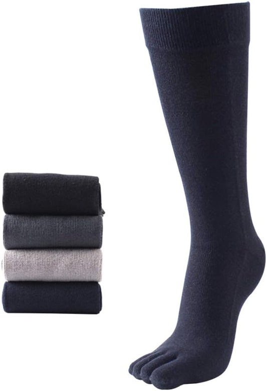 Mens Knee High Toe Socks Cotton Five Finger Sports Running Long Tube Calf Socks, 4 Pairs