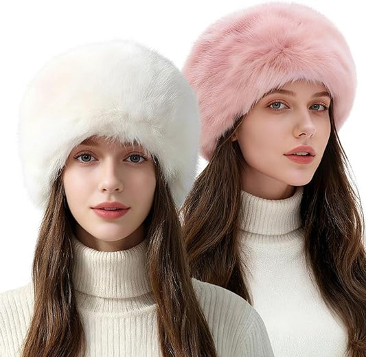 Hats - 2 pcs - Warm hats - Plush hats - Warm hats for women - White and pink - Stylish winter snow hats - Ideal gift for women and girls - Birthday gift - Christmas gift