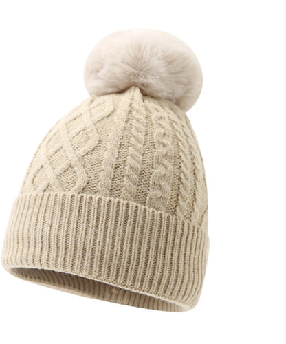 Women's Three-Piece Scarf Set - Women's Scarf - Women's Gloves - Warm Winter Hat - Solid Color - Cable Knit - Warm Hat with Fleece Lining - Knitted Hat with Pompom - Scarf - Unisex - Gloves - Beige