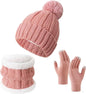 Gloves, hat and scarf - three-piece set - winter knitwear - lined with fleece and thickened - warm and cold resistant - pink