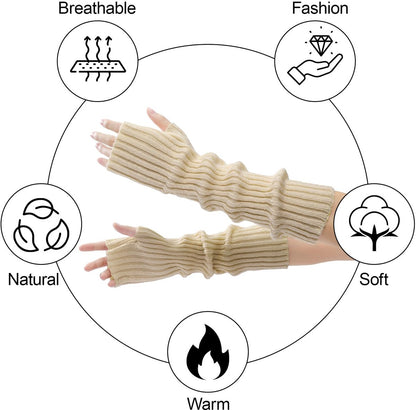 Arm Sleeves - Women's Long Fingerless - Knitted Y2K Arm Sleeves - (Beige)