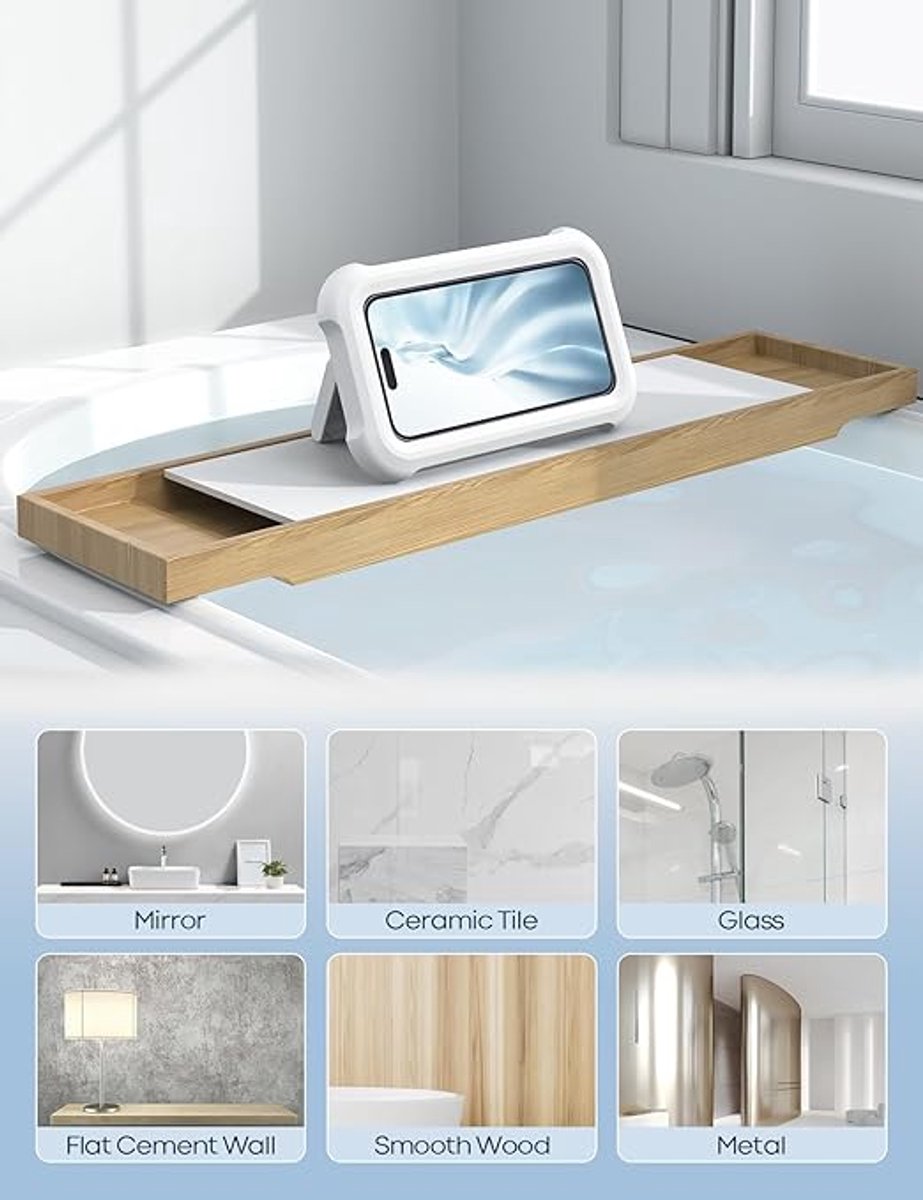 1-Piece Shower Phone Holder - Waterproof - 360° Rotatable, Retractable & Adjustable Phone Case - Bathroom Wall Mount - Waterproof & Anti-Fog Phone Case - Suitable for 4-7 Inch Phones (White)
