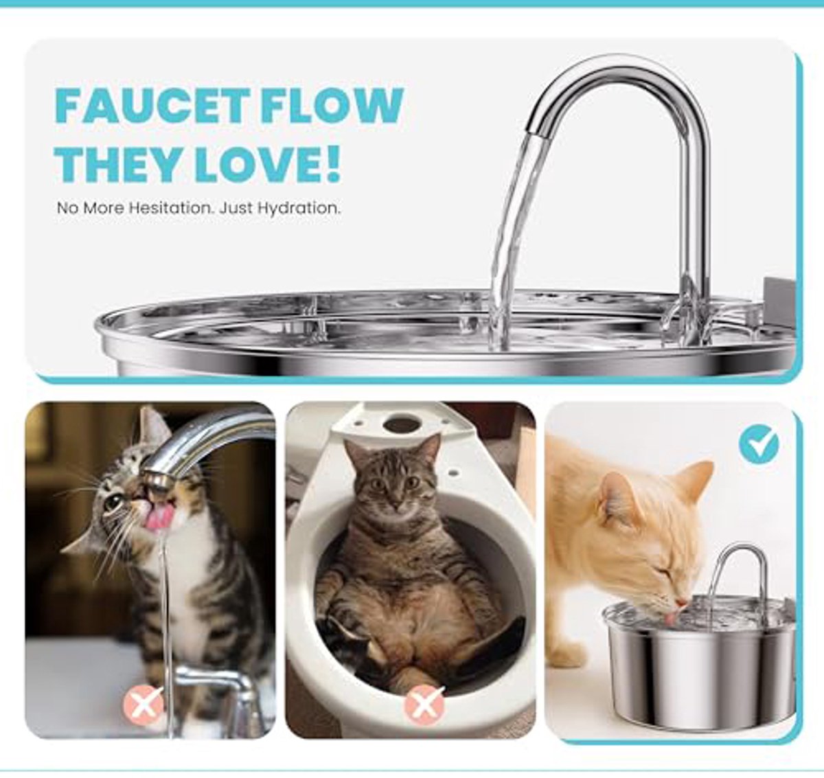 Cat Drinking Fountain - Quiet Drinking Fountain for Cats - 3.2L Stainless Steel Water Fountain with Filter - Cat Water Fountain - Cat Drinking Bowl - Includes 4 Cat Fountain Filters - for Cats and Dogs