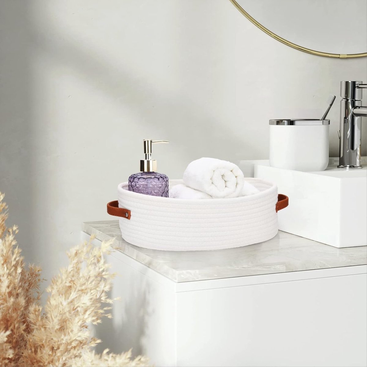 Storage Baskets - Bathroom Storage Baskets - Bathroom Countertop Storage Baskets - Bathroom Baskets Made of Braided Cotton Rope - Toilet Paper Baskets with Leather Handles - Suitable for Bathrooms, Bedrooms, and Living Rooms