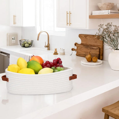 Storage Baskets - Bathroom Storage Baskets - Bathroom Countertop Storage Baskets - Bathroom Baskets Made of Braided Cotton Rope - Toilet Paper Baskets with Leather Handles - Suitable for Bathrooms, Bedrooms, and Living Rooms