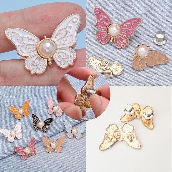 Waistband Tighteners - 8 Sets - Removable Butterfly Clips Jeans Buttons for Loose Jeans - Adjustable Waistband Buckles - No Sewing and No Tools Required - Decorative Butterfly Waistband Buckles | Jeans Buttons Pins