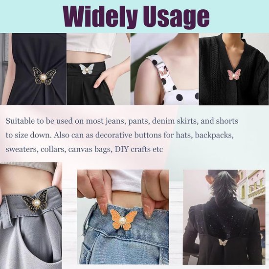 Waistband Tighteners - 8 Sets - Removable Butterfly Clips Jeans Buttons for Loose Jeans - Adjustable Waistband Buckles - No Sewing and No Tools Required - Decorative Butterfly Waistband Buckles | Jeans Buttons Pins