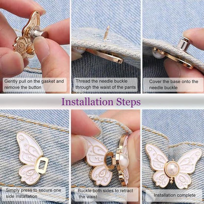 Waistband Tighteners - 8 Sets - Removable Butterfly Clips Jeans Buttons for Loose Jeans - Adjustable Waistband Buckles - No Sewing and No Tools Required - Decorative Butterfly Waistband Buckles | Jeans Buttons Pins