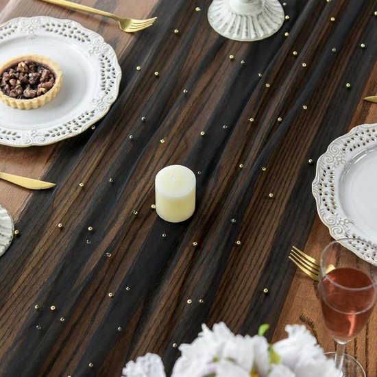 Black Table Veil with White Pearls - Silky Gauze 30x120 Inches - For Weddings, Parties & Table Decorations