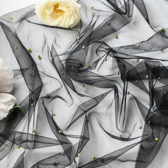 Black Table Veil with White Pearls - Silky Gauze 30x120 Inches - For Weddings, Parties & Table Decorations