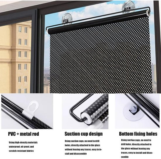 No-Drill Roller Blinds with 3 Suction Cups - Blackout Curtains, Temporary Cover-Up Curtains for Home, Bedroom and Car (Black, 45*124cm)