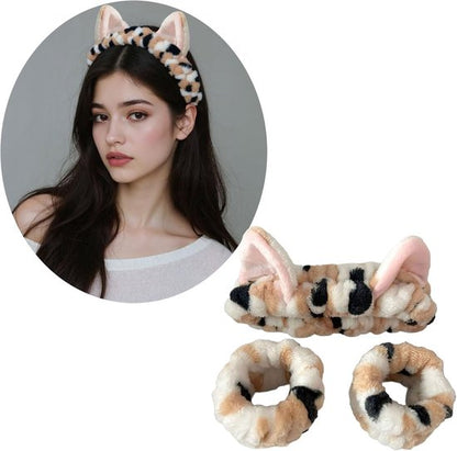 Headbands - 3-Piece Set - Wristbands - Cute Cat Headbands and Wristbands - Designed for Women - Face Cleanser and Makeup for Girls - Plush Hair Ties and Grooming Accessories