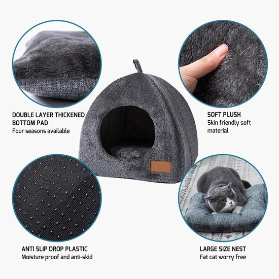 Tents Pet Bed - With Removable & Washable Cushion - Warm & Soft Fleece Fabric - For Cats & Small Dogs