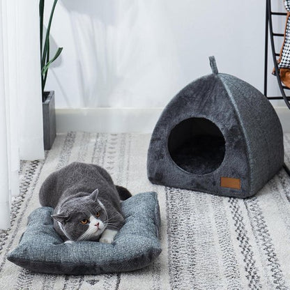 Tents Pet Bed - With Removable & Washable Cushion - Warm & Soft Fleece Fabric - For Cats & Small Dogs