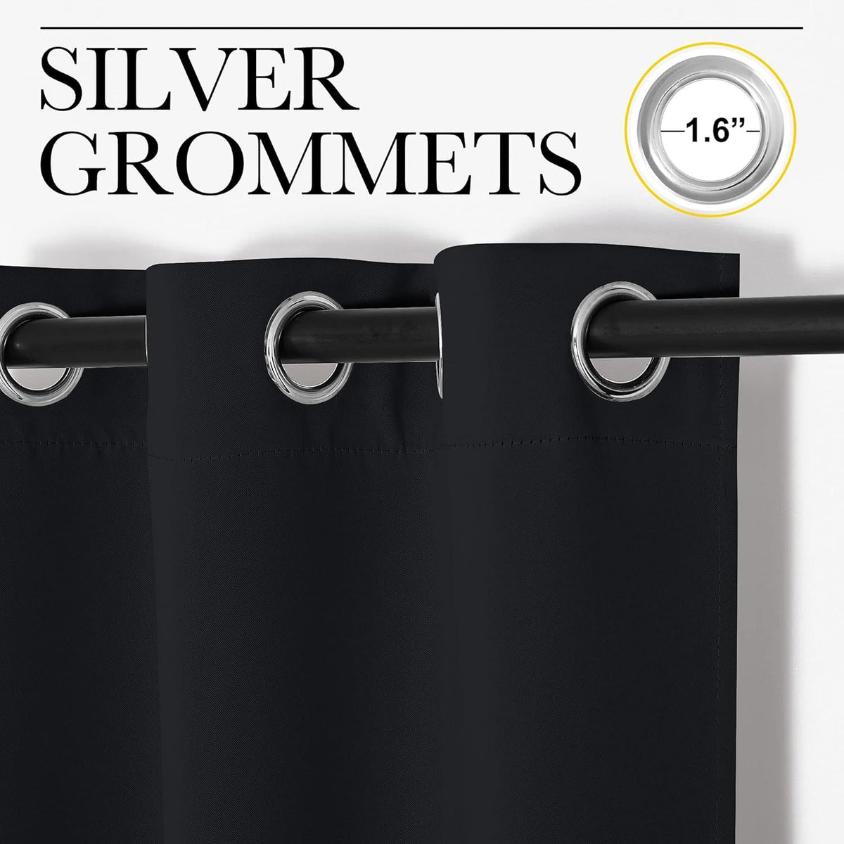 2 Pack Blackout Curtains for Bedroom, Thermal Insulated Grommet Drapes for Light Blocking, Noise Reduction and Kitchen Windows, Black, 106.7 x 160 cm