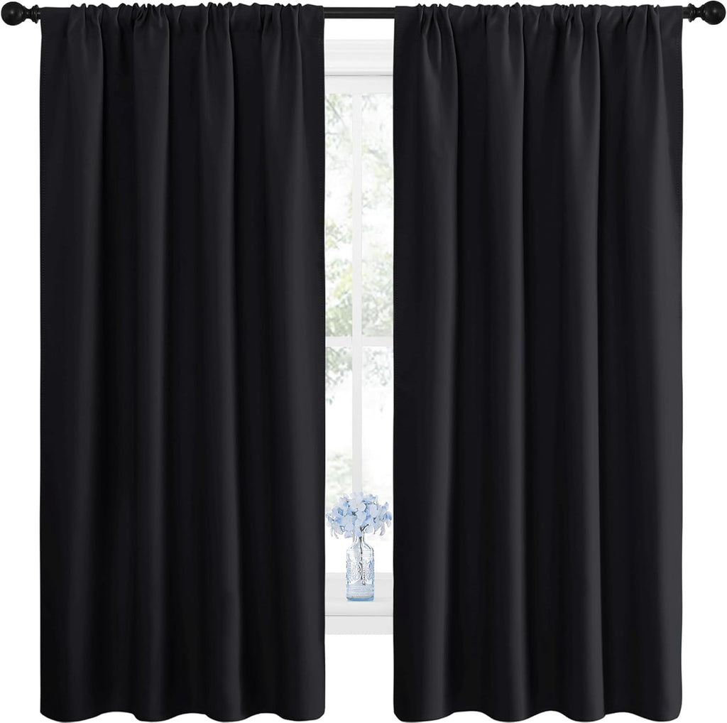 2 Pack Blackout Curtain Blinds for Bedroom, Thermal Insulated Rod Pocket Drapes for Light Blocking and Noise Reduction, Black, 106.7 x 160 cm