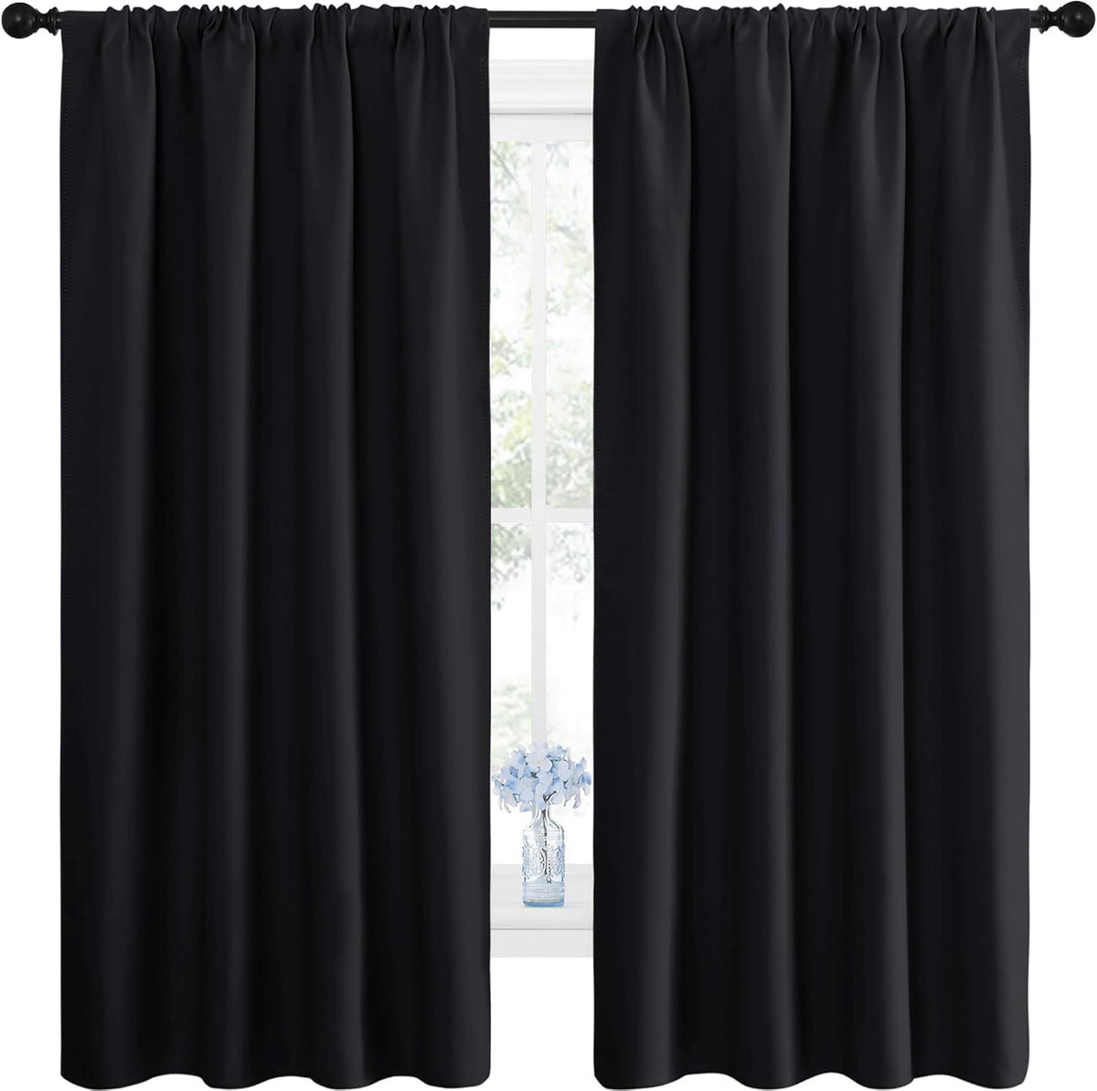 2 Pack Blackout Curtain Blinds for Bedroom, Thermal Insulated Rod Pocket Drapes for Light Blocking and Noise Reduction, Black, 106.7 x 160 cm