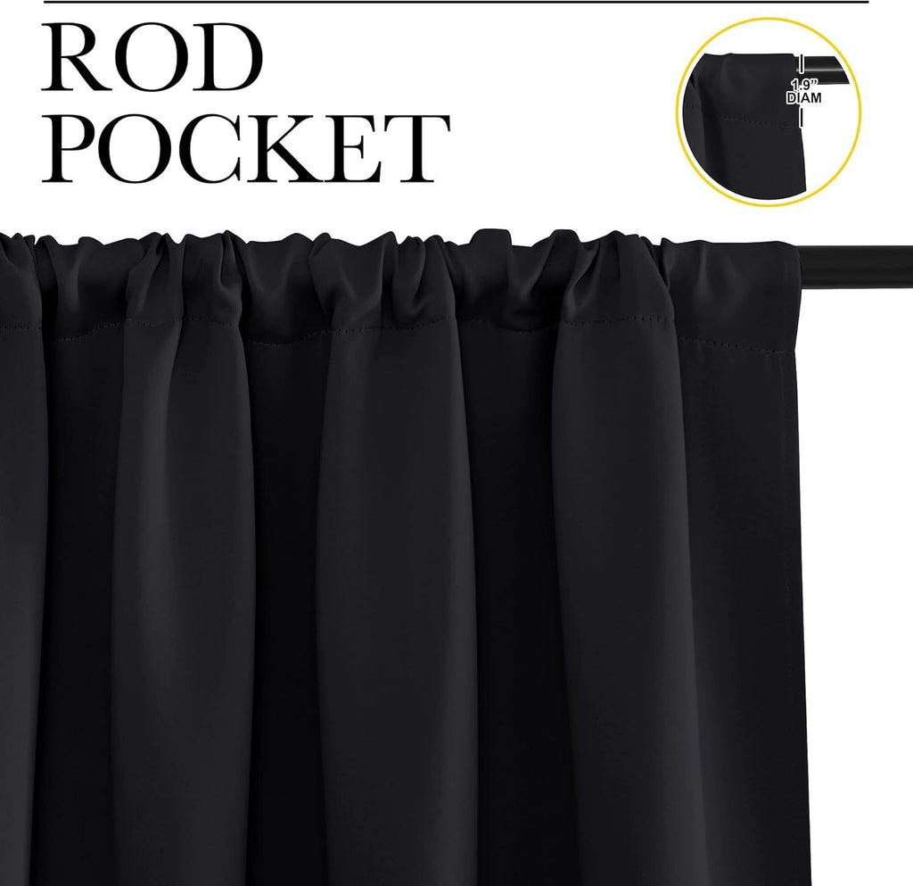 2 Pack Blackout Curtain Blinds for Bedroom, Thermal Insulated Rod Pocket Drapes for Light Blocking and Noise Reduction, Black, 106.7 x 160 cm