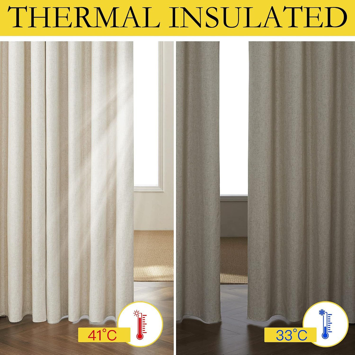 2 Pack Natural 100% Blackout Linen Curtains, Farmhouse Thermal Insulated Drapes for Living Room and Bedroom, Natural, 132 x 213 cm