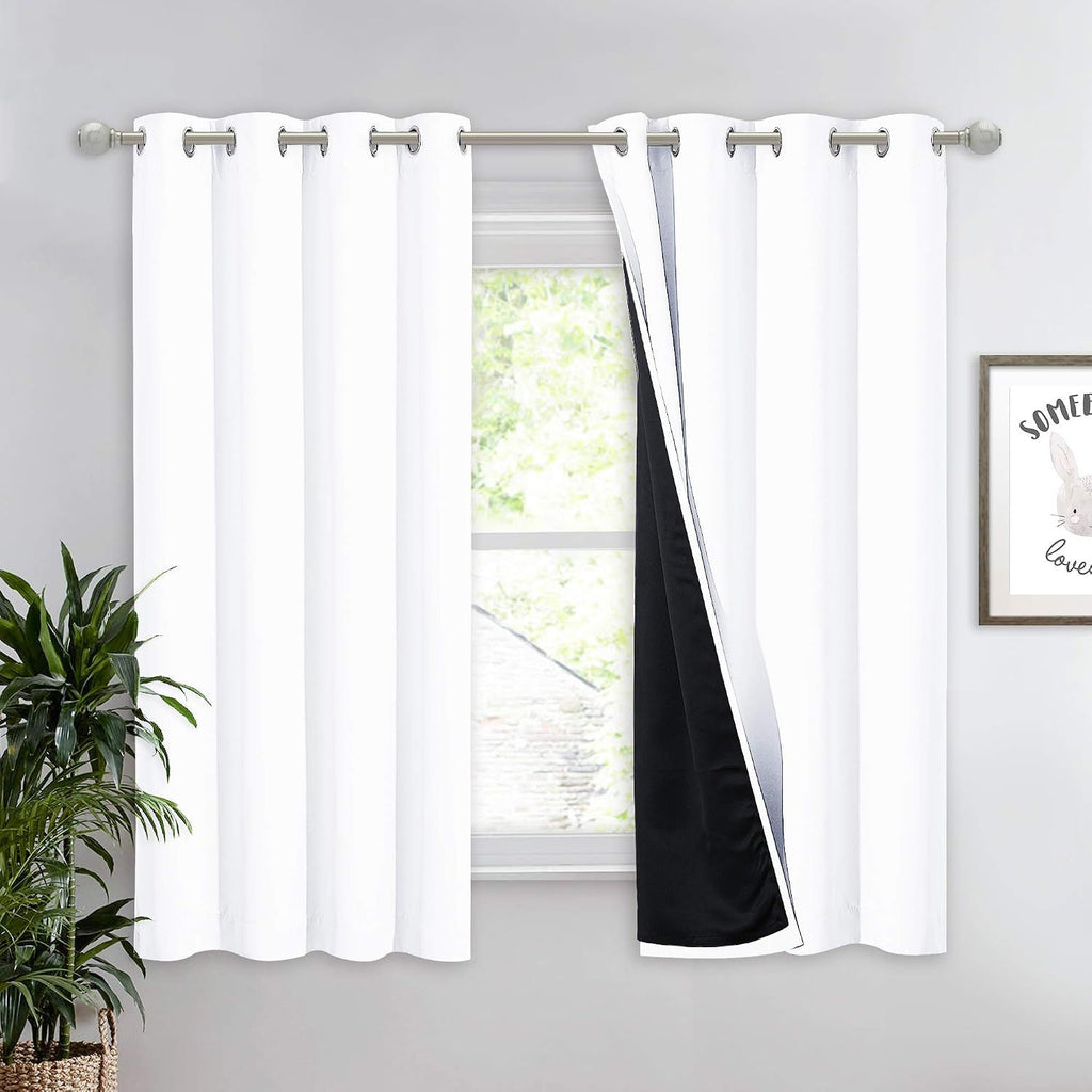 100% Blackout Lined Curtain, Single Thermal Insulated Window Drape for Kitchen and Bedroom, White, 132 x 160 cm