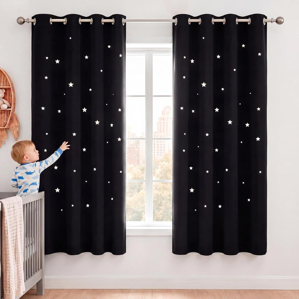 Hollow Star Blackout Kids Curtain, Single Laser-Cut Nursery Window Panel for Bedroom and Playroom, Black, 132 x 160 cm