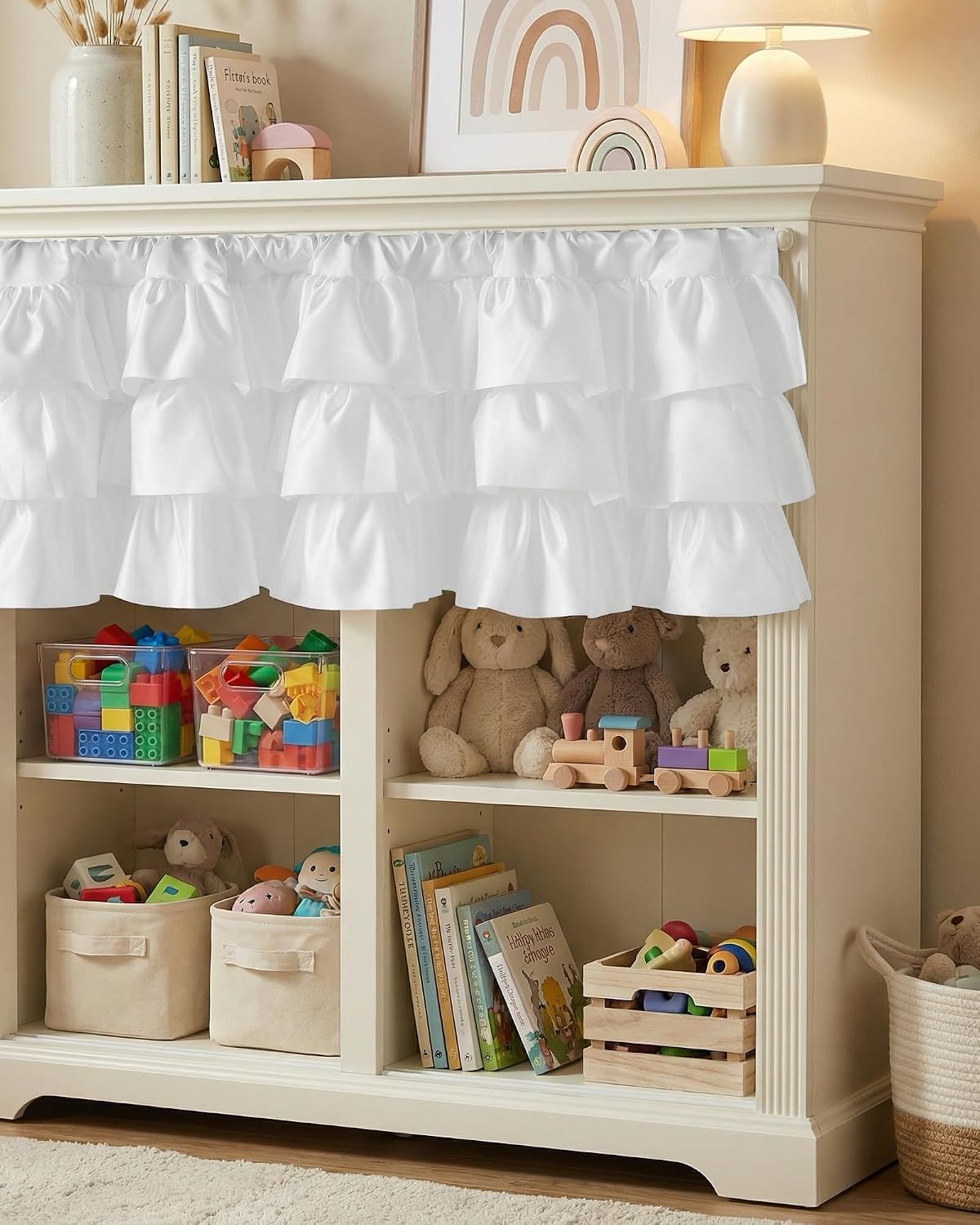 Farmhouse Ruffled Valance Curtain, Rod Pocket Three-Tier Window Treatment for Kitchen, Bathroom and Cabinet Decor, White, 132 x 46 cm