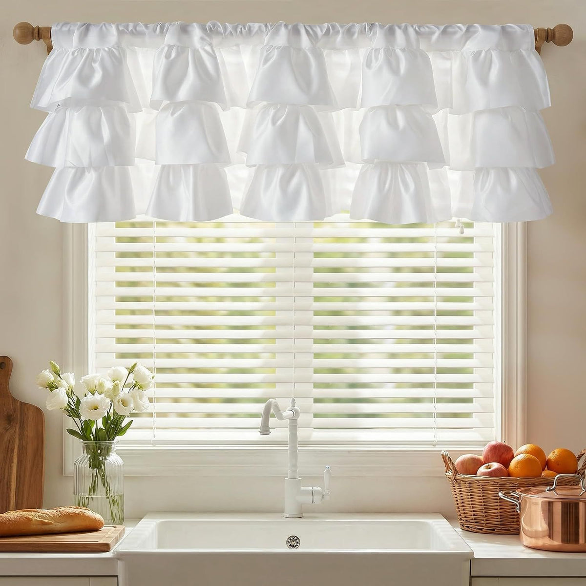 Farmhouse Ruffled Valance Curtain, Rod Pocket Three-Tier Window Treatment for Kitchen, Bathroom and Cabinet Decor, White, 132 x 46 cm